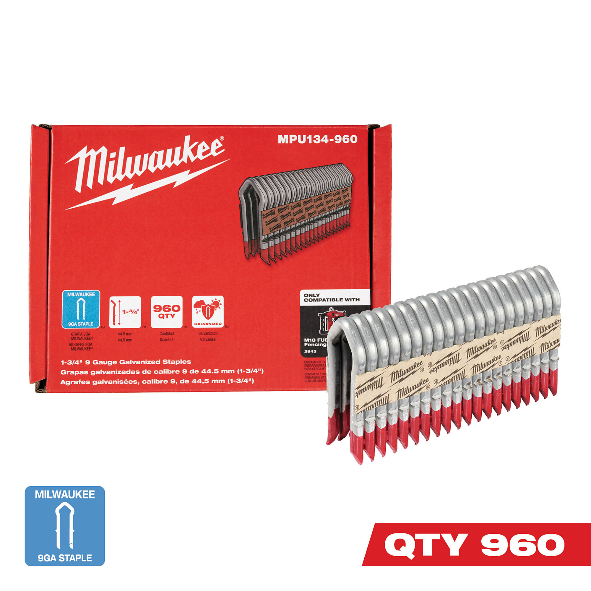 Milwaukee 1 3/4in., 9-Ga. Galvanized Fence Staples, 1 Box of 960 Staples, Model# MPU134-960